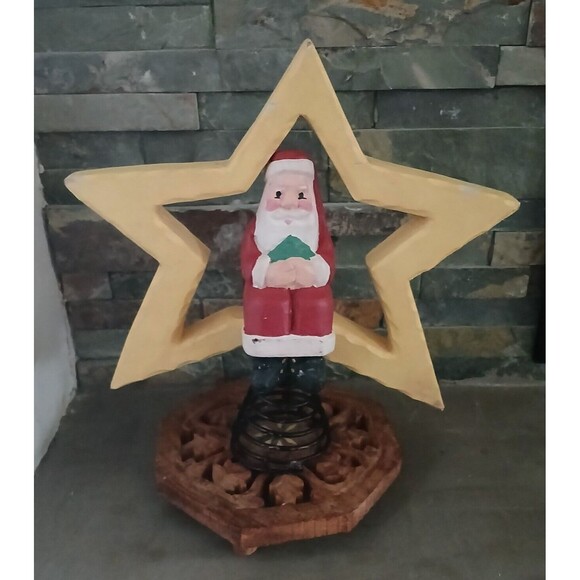 Tree Topper Santa Sitting on a Star Wood & Metal Springy Holiday Decoration 9.5" - Picture 6 of 11